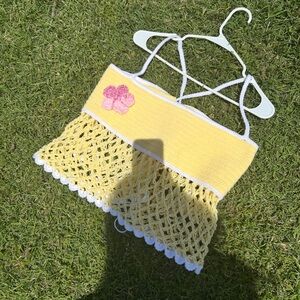 Yellow Crochet Tank Top with Pink Flower Accent